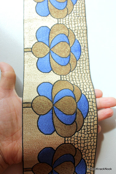 Fabric Trim With Blue, Bronze, Silver And Black Floral Embroidery